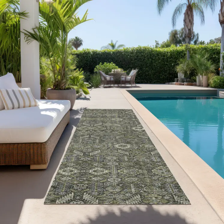 8' Runner Moss Green and Gray Floral Washable Non Skid Indoor Outdoor Runner Rug