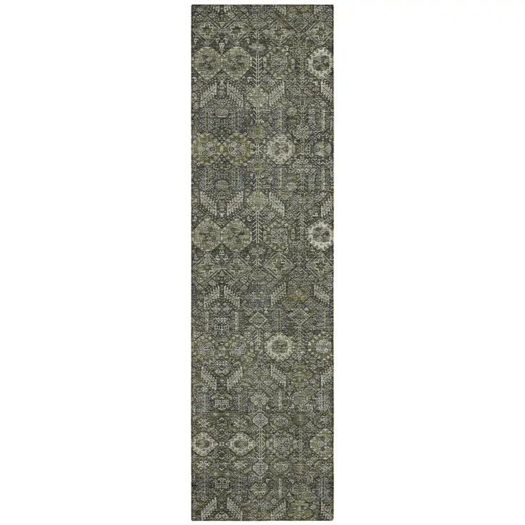 8' Runner Moss Green and Gray Floral Washable Non Skid Indoor Outdoor Runner Rug
