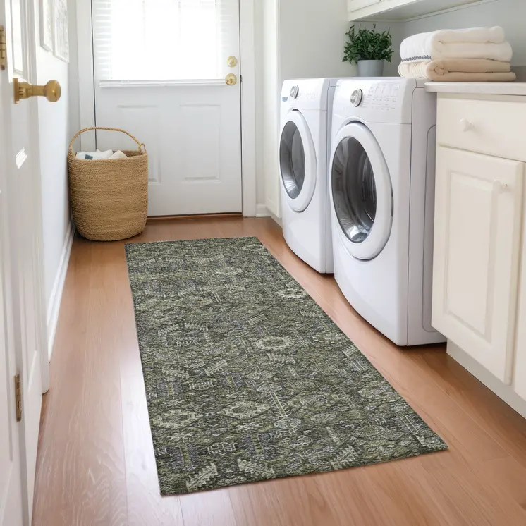 8' Runner Moss Green and Gray Floral Washable Non Skid Indoor Outdoor Runner Rug