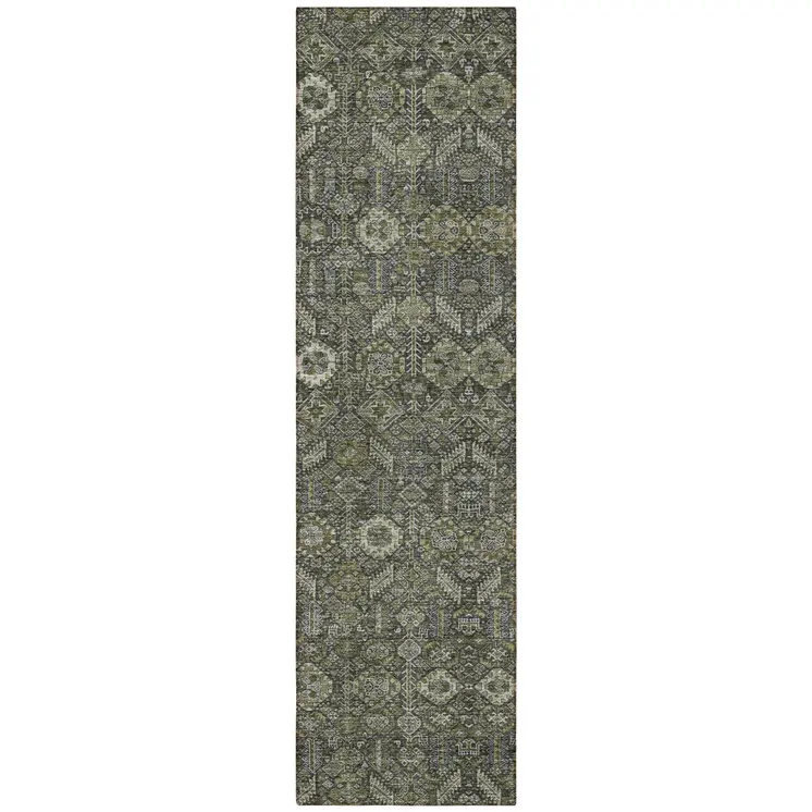 8' Runner Moss Green and Gray Floral Washable Non Skid Indoor Outdoor Runner Rug