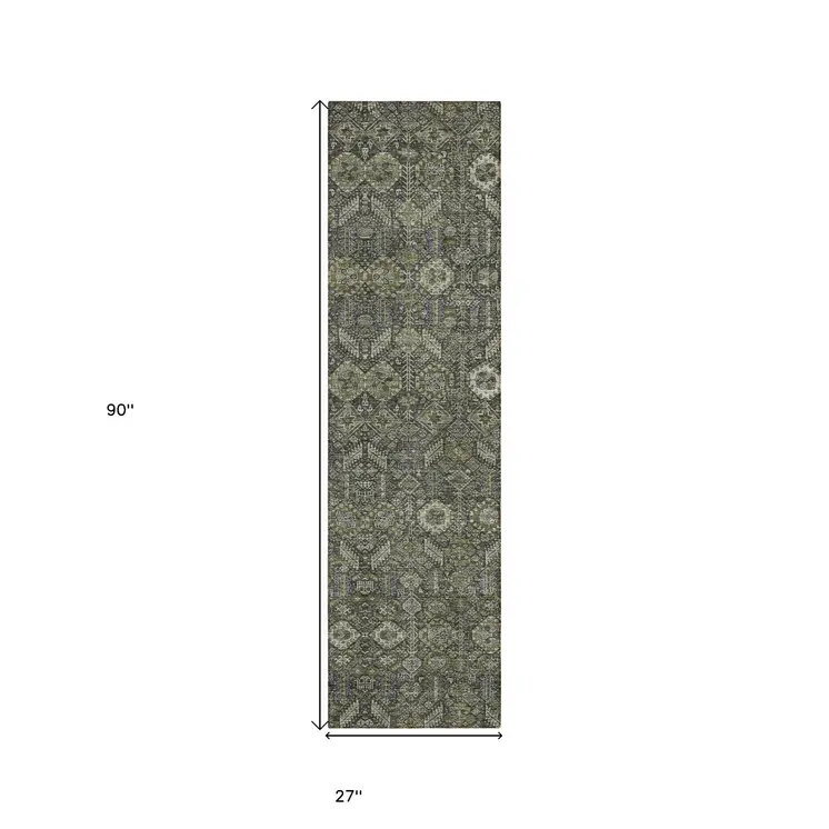 8' Runner Moss Green and Gray Floral Washable Non Skid Indoor Outdoor Runner Rug