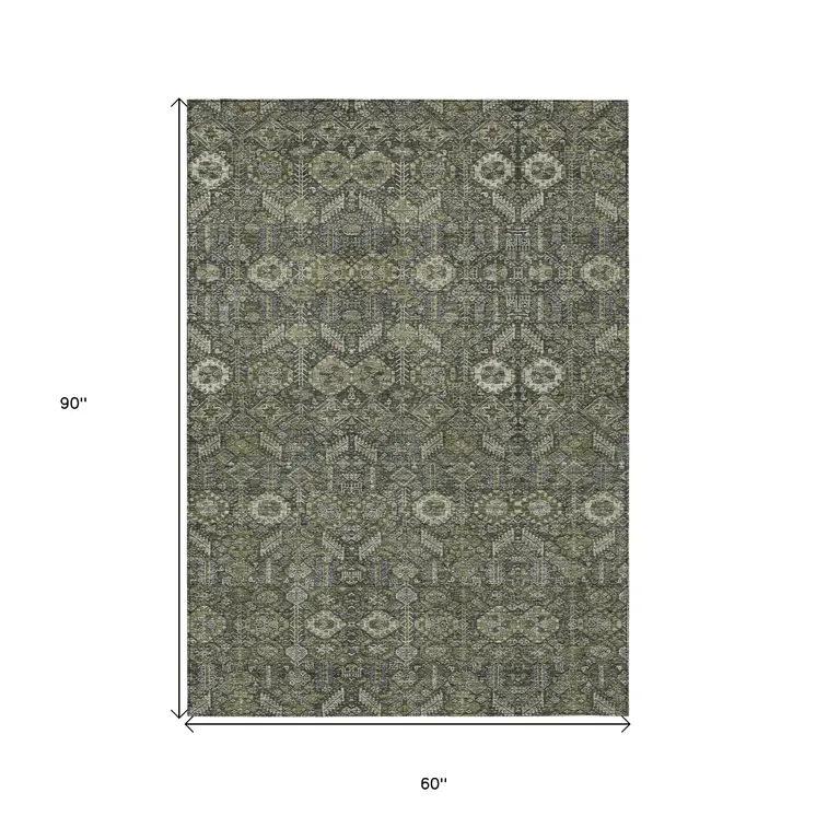 5' X 8' Moss Green And Gray Floral Washable Indoor Outdoor Area Rug