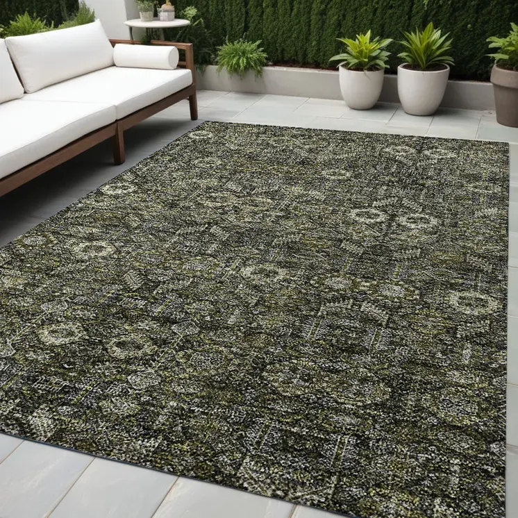 5' X 8' Moss Green And Gray Floral Washable Indoor Outdoor Area Rug