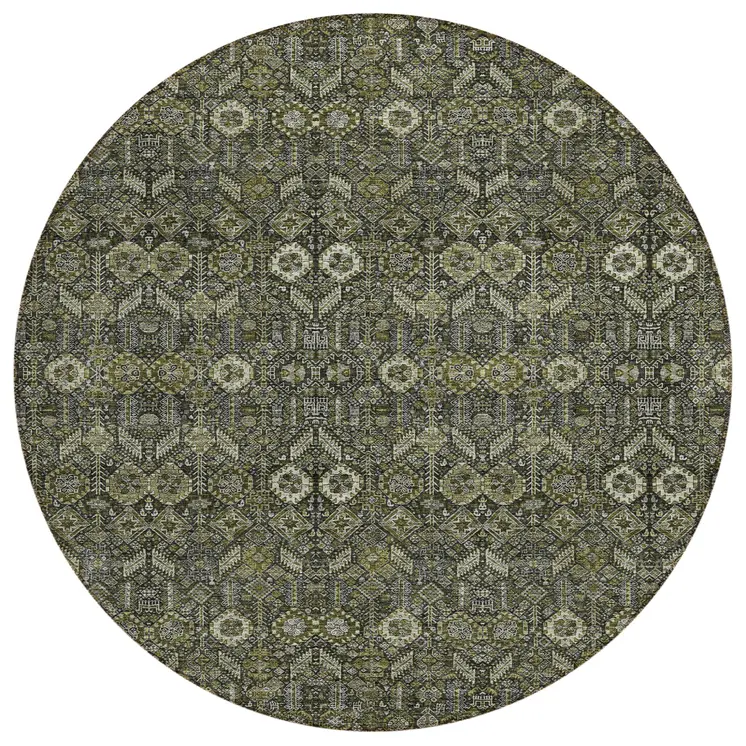 8' Round Moss Green and Gray Round Floral Washable Non Skid Indoor Outdoor Area Rug