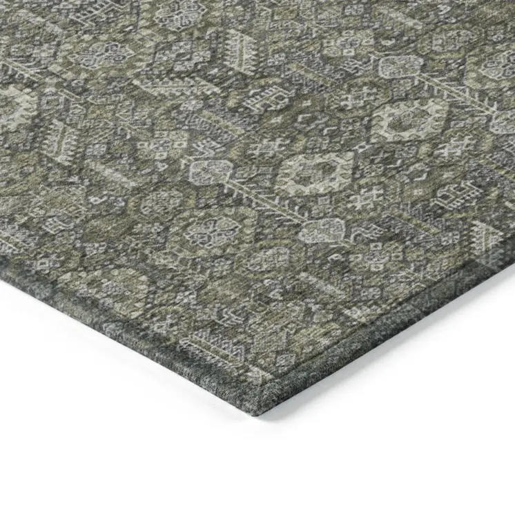 8' Round Moss Green and Gray Round Floral Washable Non Skid Indoor Outdoor Area Rug