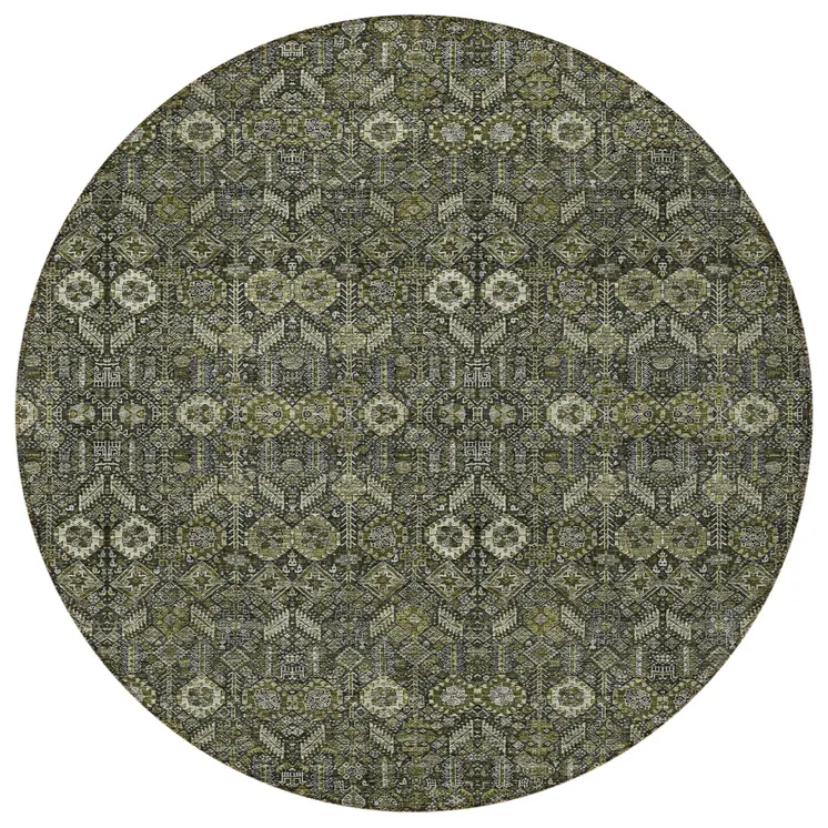 8' Round Moss Green and Gray Round Floral Washable Non Skid Indoor Outdoor Area Rug