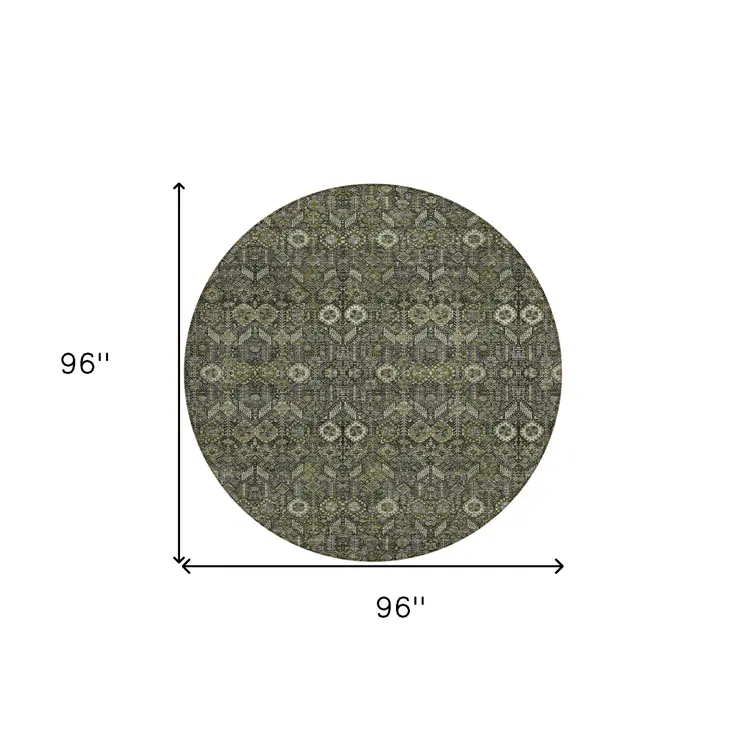 8' Round Moss Green and Gray Round Floral Washable Non Skid Indoor Outdoor Area Rug