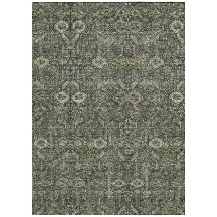 8' X 10' Moss Green and Gray Floral Washable Non Skid Indoor Outdoor Area Rug