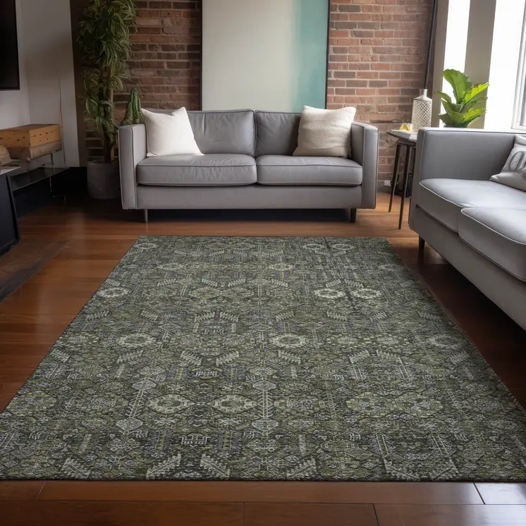 8' X 10' Moss Green and Gray Floral Washable Non Skid Indoor Outdoor Area Rug