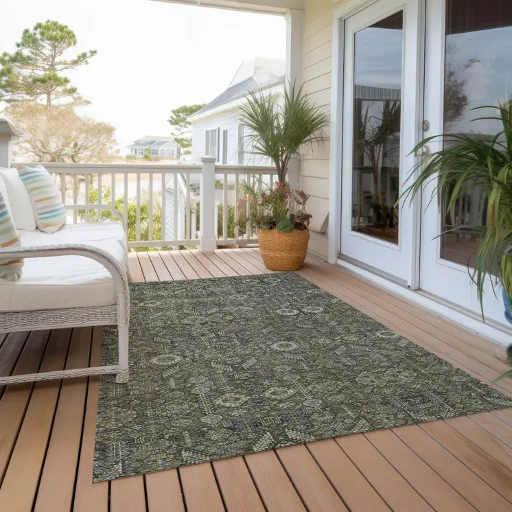 9' X 12' Moss Green And Gray Floral Washable Indoor Outdoor Area Rug