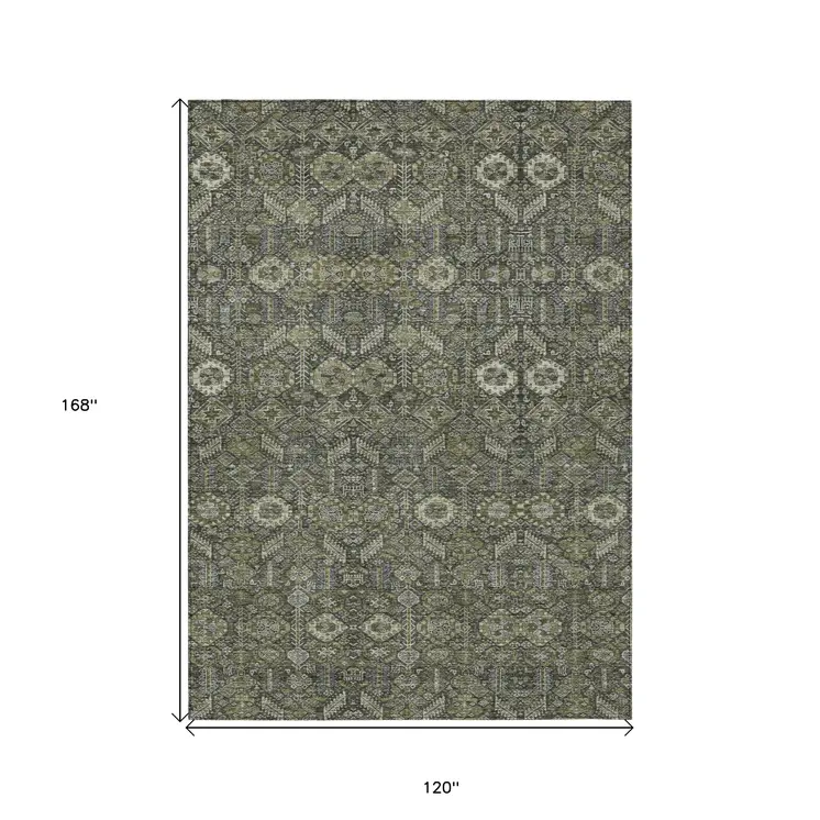 10' X 14' Moss Green And Gray Floral Washable Indoor Outdoor Area Rug