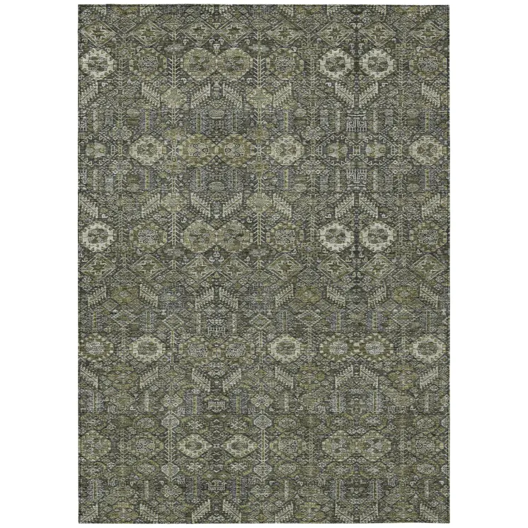 10' X 14' Moss Green And Gray Floral Washable Indoor Outdoor Area Rug