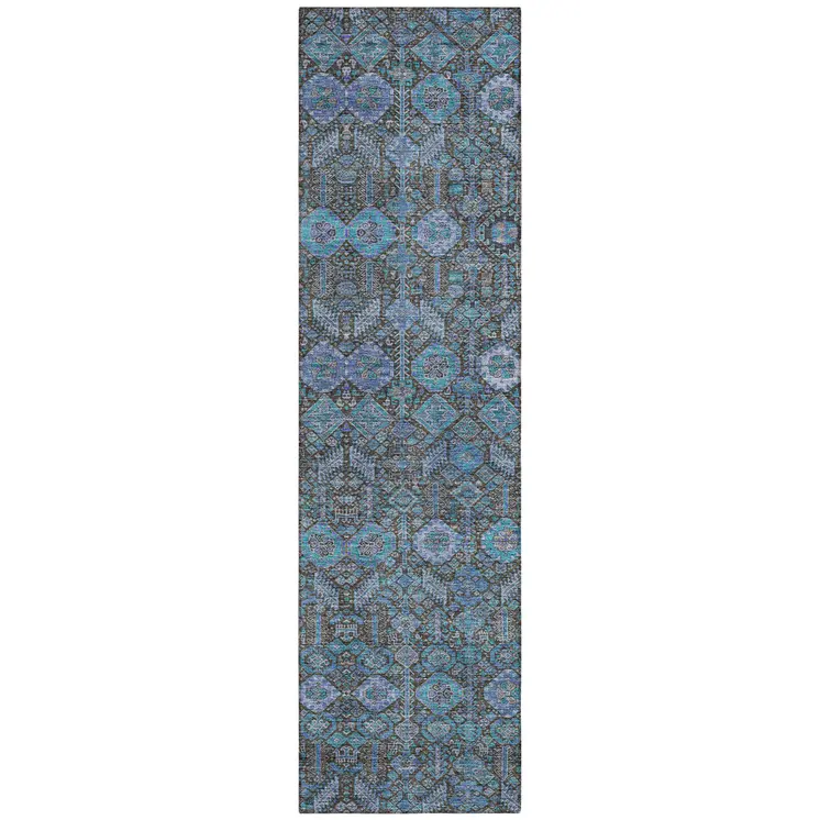8' Runner Blue and Coffee Floral Washable Non Skid Indoor Outdoor Runner Rug