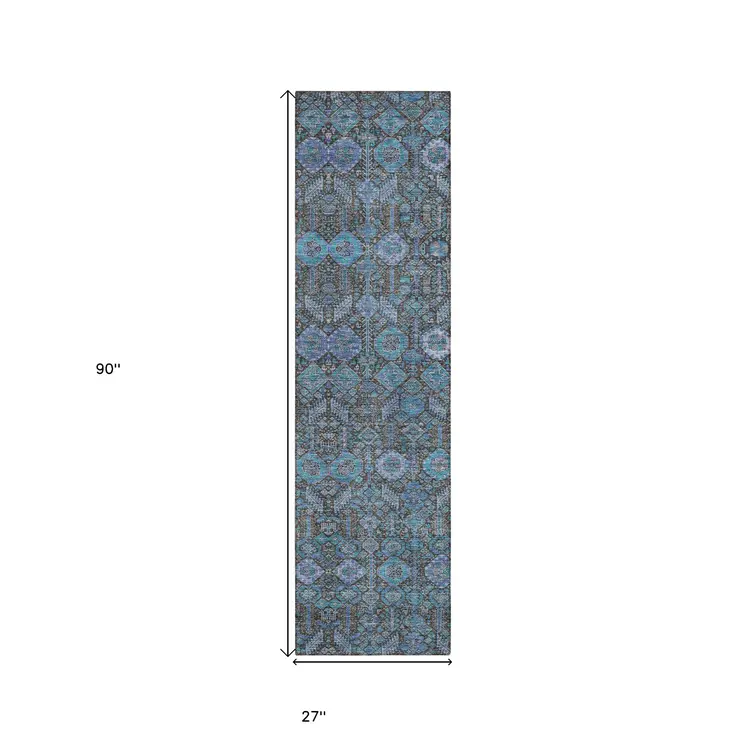 8' Runner Blue and Coffee Floral Washable Non Skid Indoor Outdoor Runner Rug
