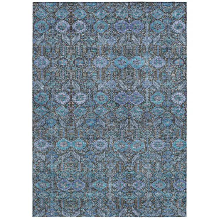 3' X 5' Blue and Coffee Floral Washable Non Skid Indoor Outdoor Area Rug
