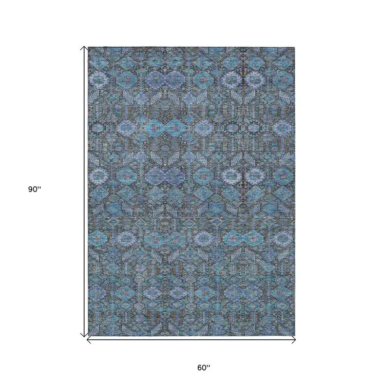 5' X 8' Blue and Coffee Floral Washable Non Skid Indoor Outdoor Area Rug