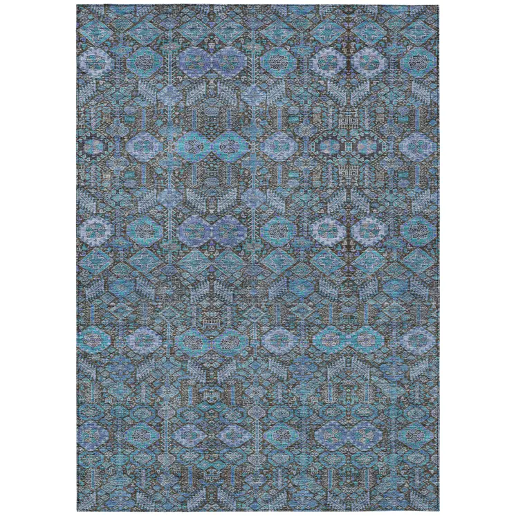 5' X 8' Blue and Coffee Floral Washable Non Skid Indoor Outdoor Area Rug