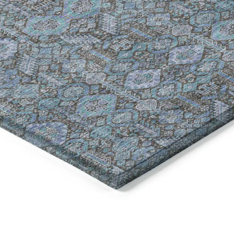 5' X 8' Blue and Coffee Floral Washable Non Skid Indoor Outdoor Area Rug