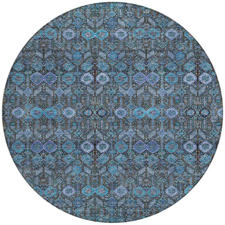 8' X 8' Teal Round Tribal Washable Indoor Outdoor Area Rug