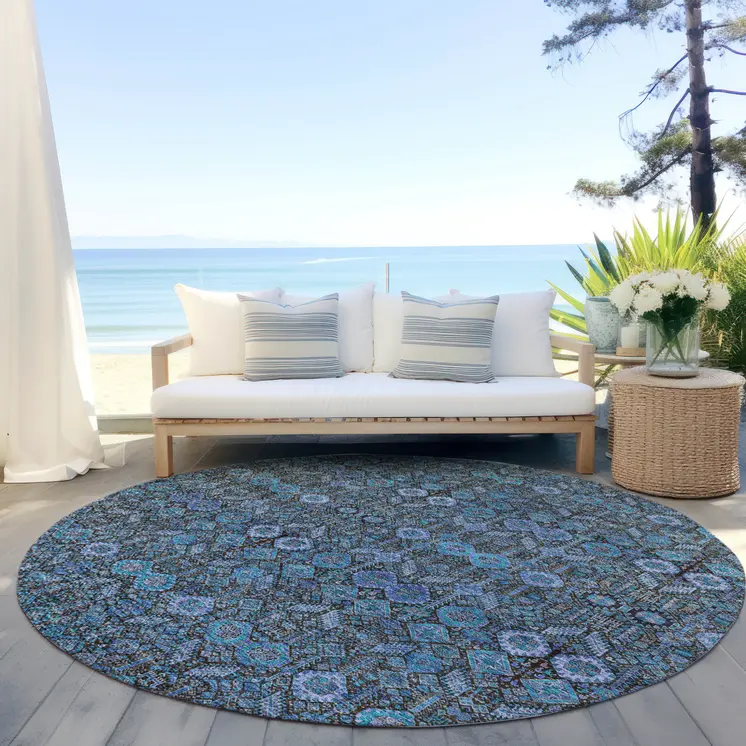8' X 8' Teal Round Tribal Washable Indoor Outdoor Area Rug