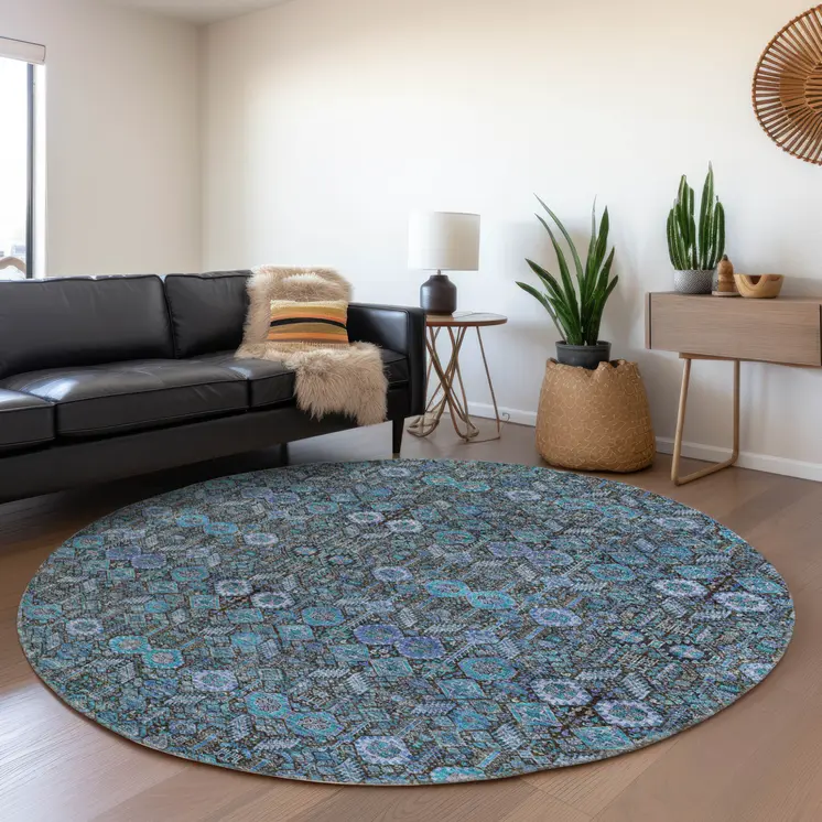 8' X 8' Teal Round Tribal Washable Indoor Outdoor Area Rug