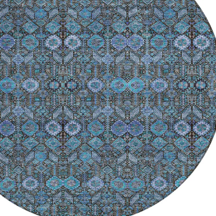 8' X 8' Teal Round Tribal Washable Indoor Outdoor Area Rug