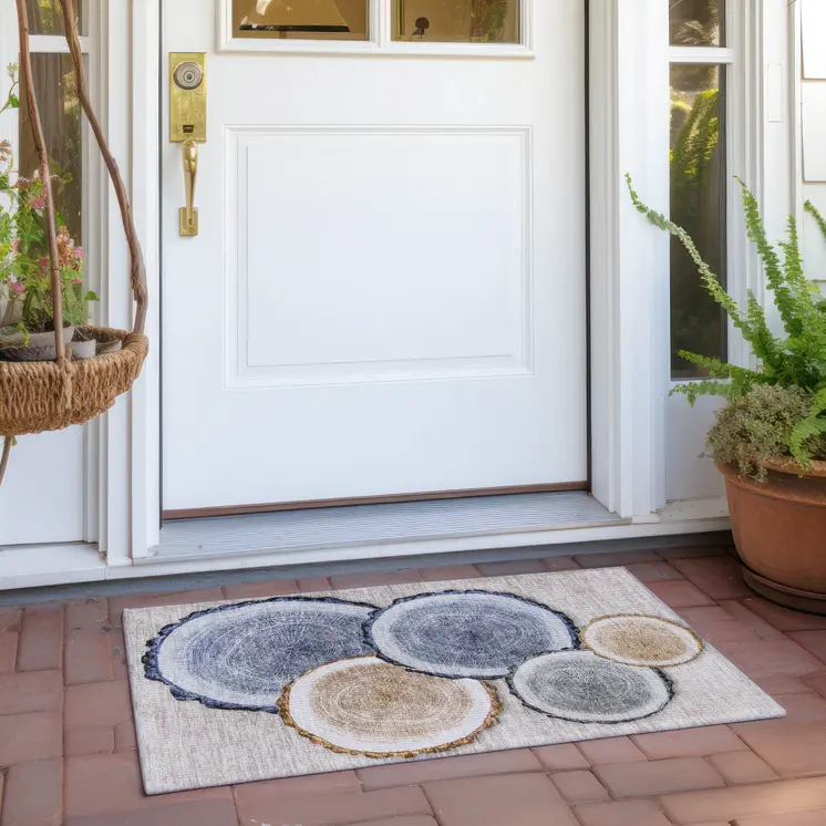 2' X 3' Beige Blue and Gold Faux Bois Washable Non Skid Indoor Outdoor Area Rug