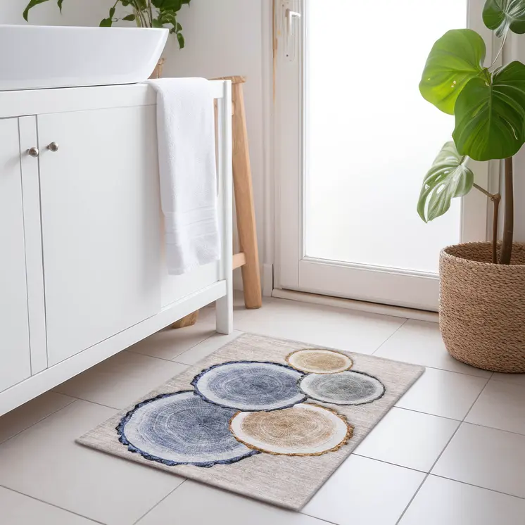 2' X 3' Beige Blue and Gold Faux Bois Washable Non Skid Indoor Outdoor Area Rug
