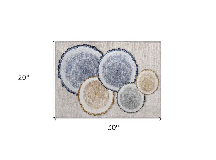 2' X 3' Beige Blue and Gold Faux Bois Washable Non Skid Indoor Outdoor Area Rug