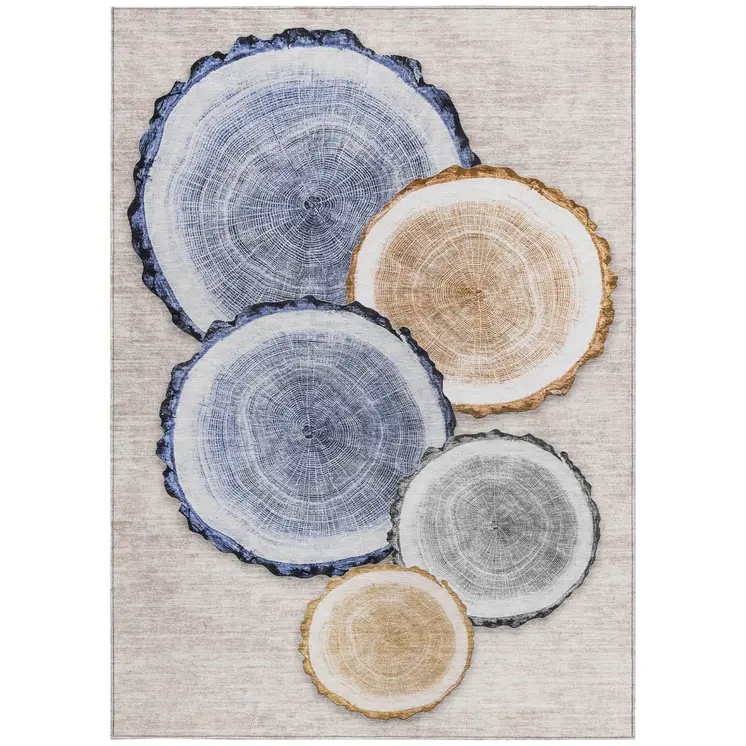 3' X 5' Beige Blue and Gold Faux Bois Washable Non Skid Indoor Outdoor Area Rug