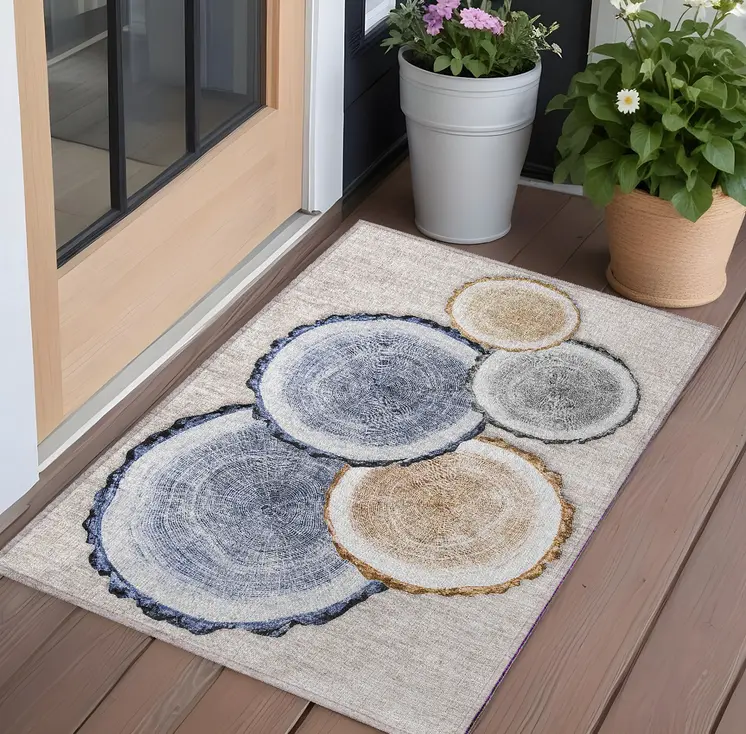 3' X 5' Beige Blue and Gold Faux Bois Washable Non Skid Indoor Outdoor Area Rug