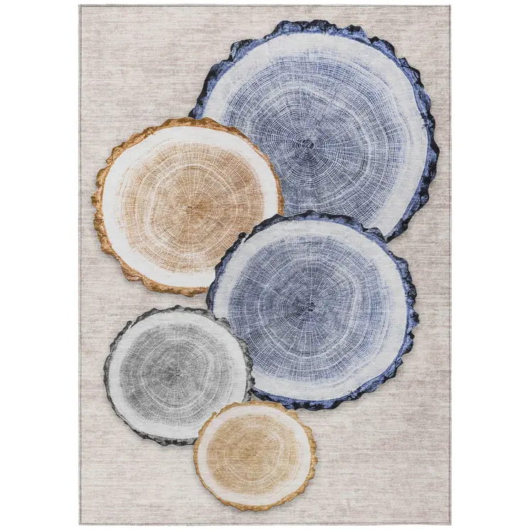 3' X 5' Beige Blue and Gold Faux Bois Washable Non Skid Indoor Outdoor Area Rug