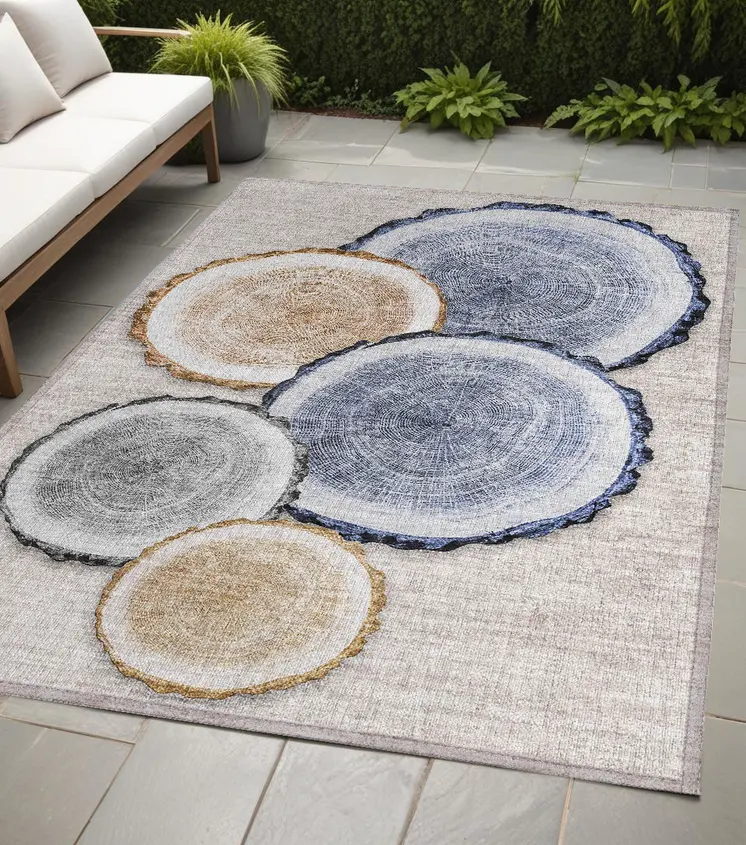 5' X 8' Beige Blue And Gold Faux Bois Washable Indoor Outdoor Area Rug
