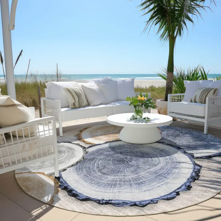 8' Round Beige Blue and Gold Round Faux Bois Washable Non Skid Indoor Outdoor Area Rug