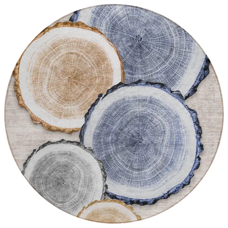 8' Round Beige Blue and Gold Round Faux Bois Washable Non Skid Indoor Outdoor Area Rug