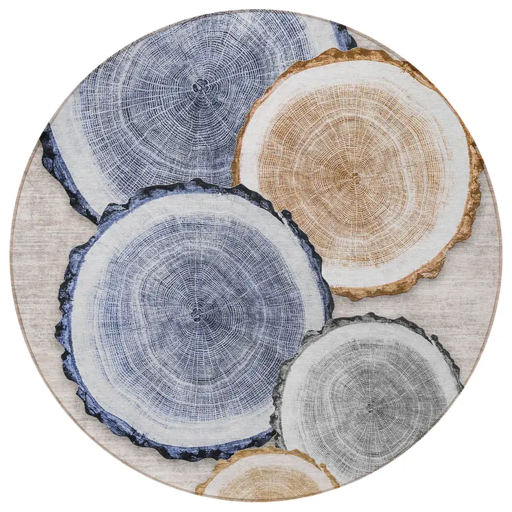 8' Round Beige Blue and Gold Round Faux Bois Washable Non Skid Indoor Outdoor Area Rug