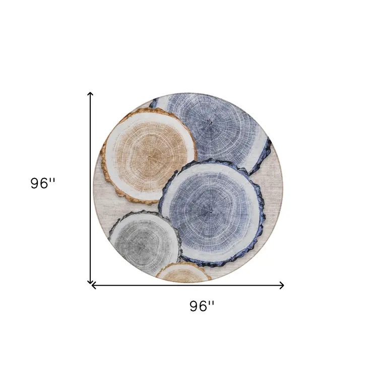 8' Round Beige Blue and Gold Round Faux Bois Washable Non Skid Indoor Outdoor Area Rug