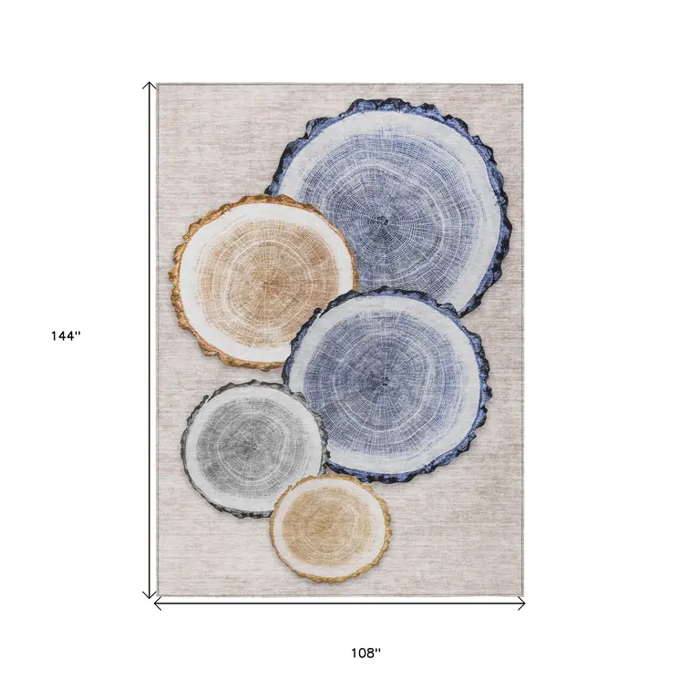 9' X 12' Beige Blue and Gold Faux Bois Washable Non Skid Indoor Outdoor Area Rug