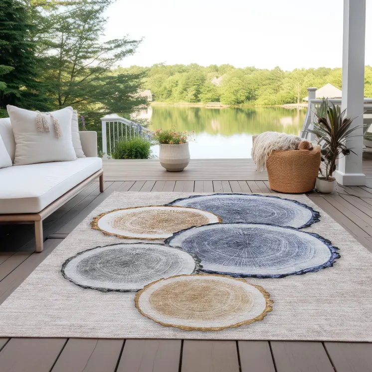 9' X 12' Beige Blue and Gold Faux Bois Washable Non Skid Indoor Outdoor Area Rug