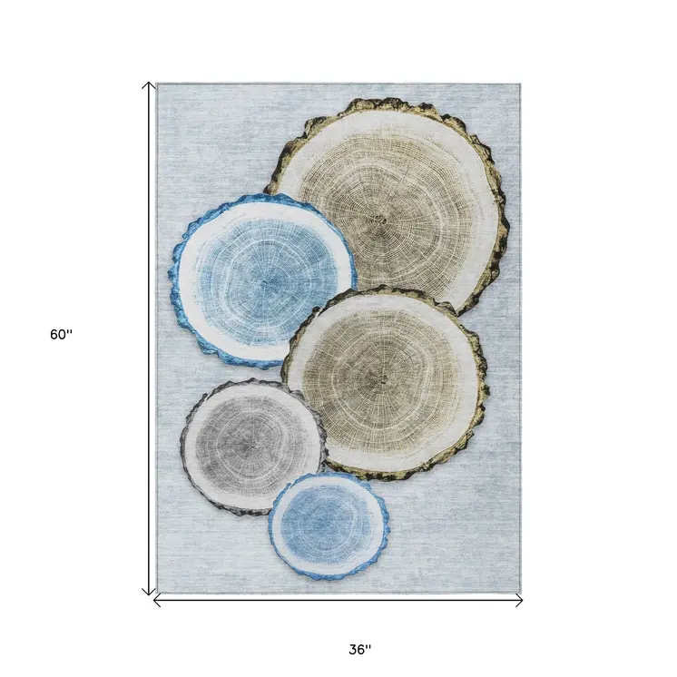 3' X 5' Blue Gold and Gray Faux Bois Washable Non Skid Indoor Outdoor Area Rug
