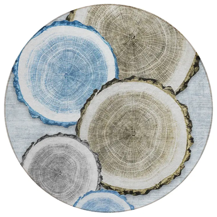 8' Round Blue Gold and Gray Round Faux Bois Washable Non Skid Indoor Outdoor Area Rug