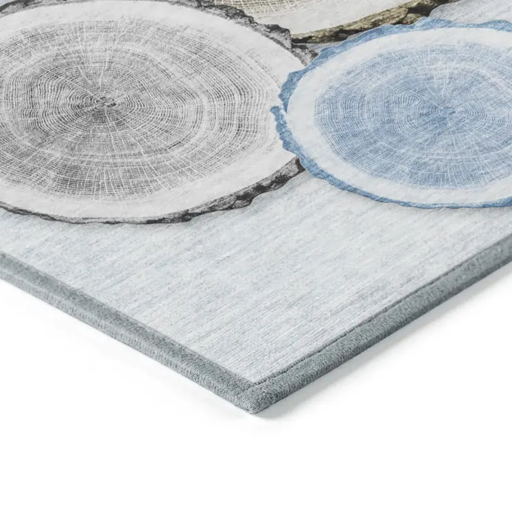 8' Round Blue Gold and Gray Round Faux Bois Washable Non Skid Indoor Outdoor Area Rug