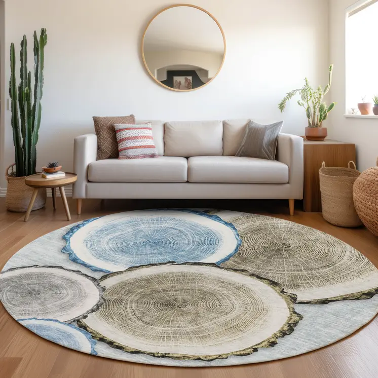 8' Round Blue Gold and Gray Round Faux Bois Washable Non Skid Indoor Outdoor Area Rug