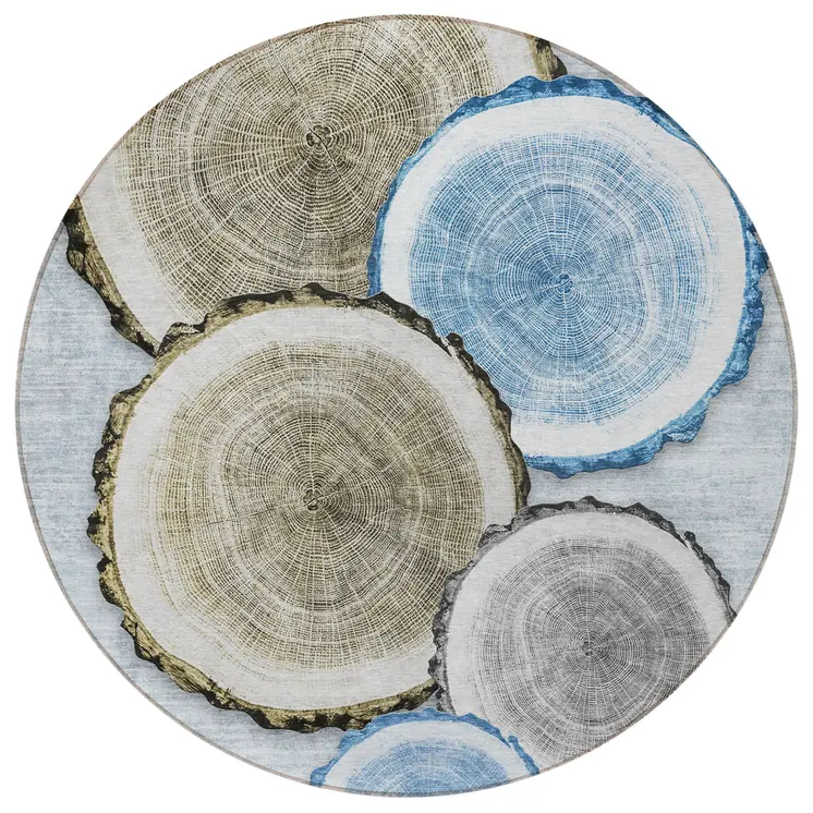 8' Round Blue Gold and Gray Round Faux Bois Washable Non Skid Indoor Outdoor Area Rug