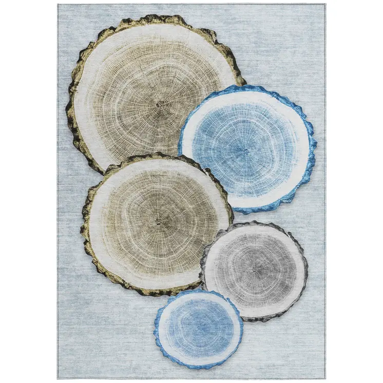 9' X 12' Blue Gold and Gray Faux Bois Washable Non Skid Indoor Outdoor Area Rug