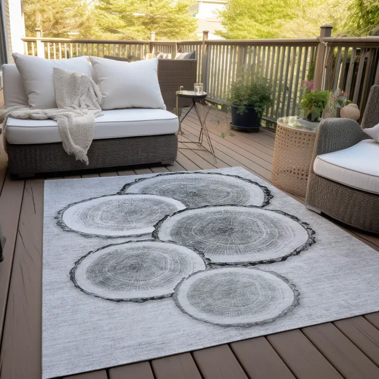 5' X 8' Gray and Black Faux Bois Washable Non Skid Indoor Outdoor Area Rug