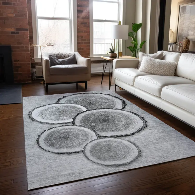 5' X 8' Gray and Black Faux Bois Washable Non Skid Indoor Outdoor Area Rug