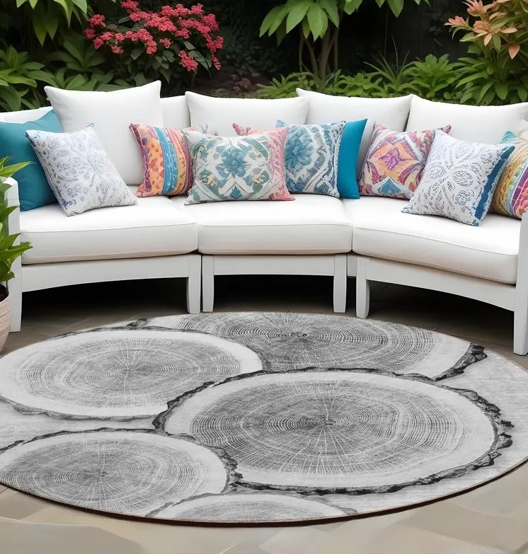 8' Round Gray and Black Round Faux Bois Washable Non Skid Indoor Outdoor Area Rug