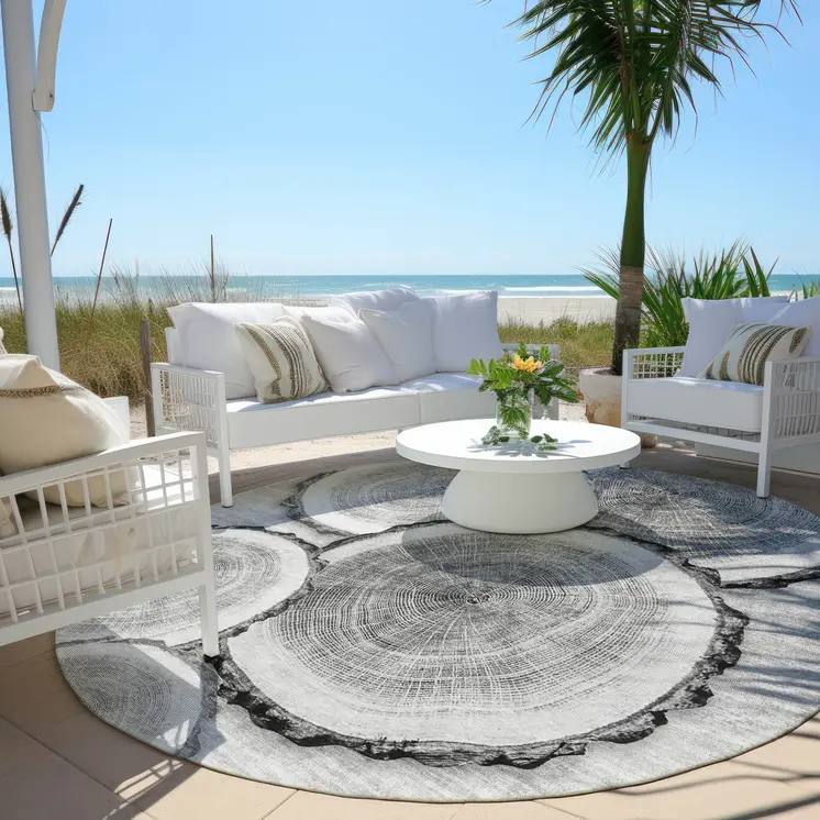 8' Round Gray and Black Round Faux Bois Washable Non Skid Indoor Outdoor Area Rug