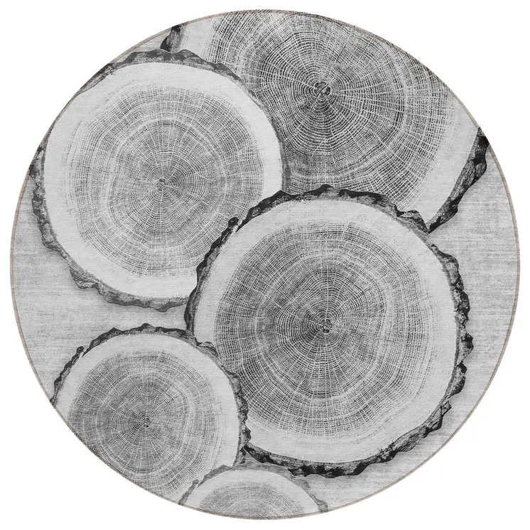 8' Round Gray and Black Round Faux Bois Washable Non Skid Indoor Outdoor Area Rug